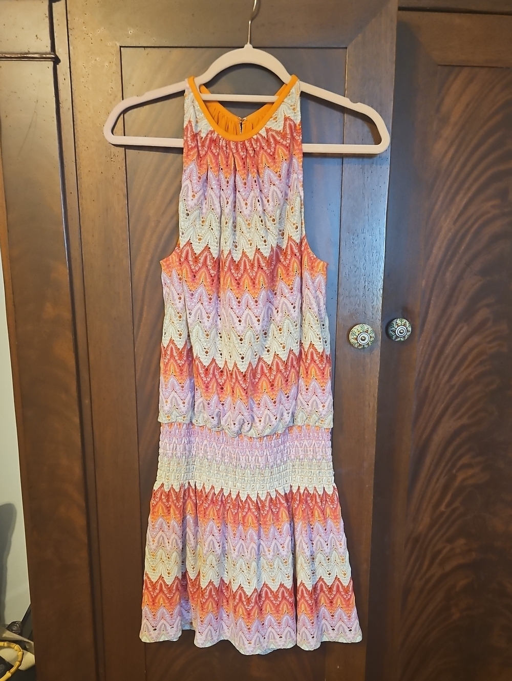 Ramy Brook - Chevron Knit Midi Dress in Orange, Cream & Lavender - Size Small